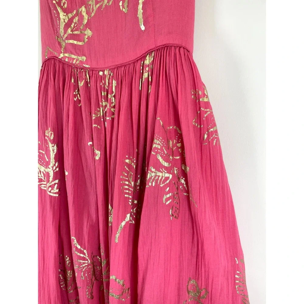 Free People Baja Babe Midi Dress M Hot Pink Gold Foil Strapless Boho OB1104493